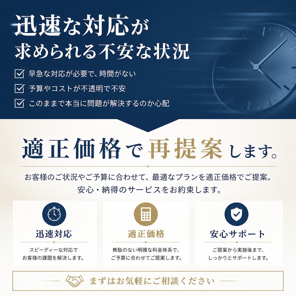 迅速な対応が求められる不安な状況、適正価格で再提案します。