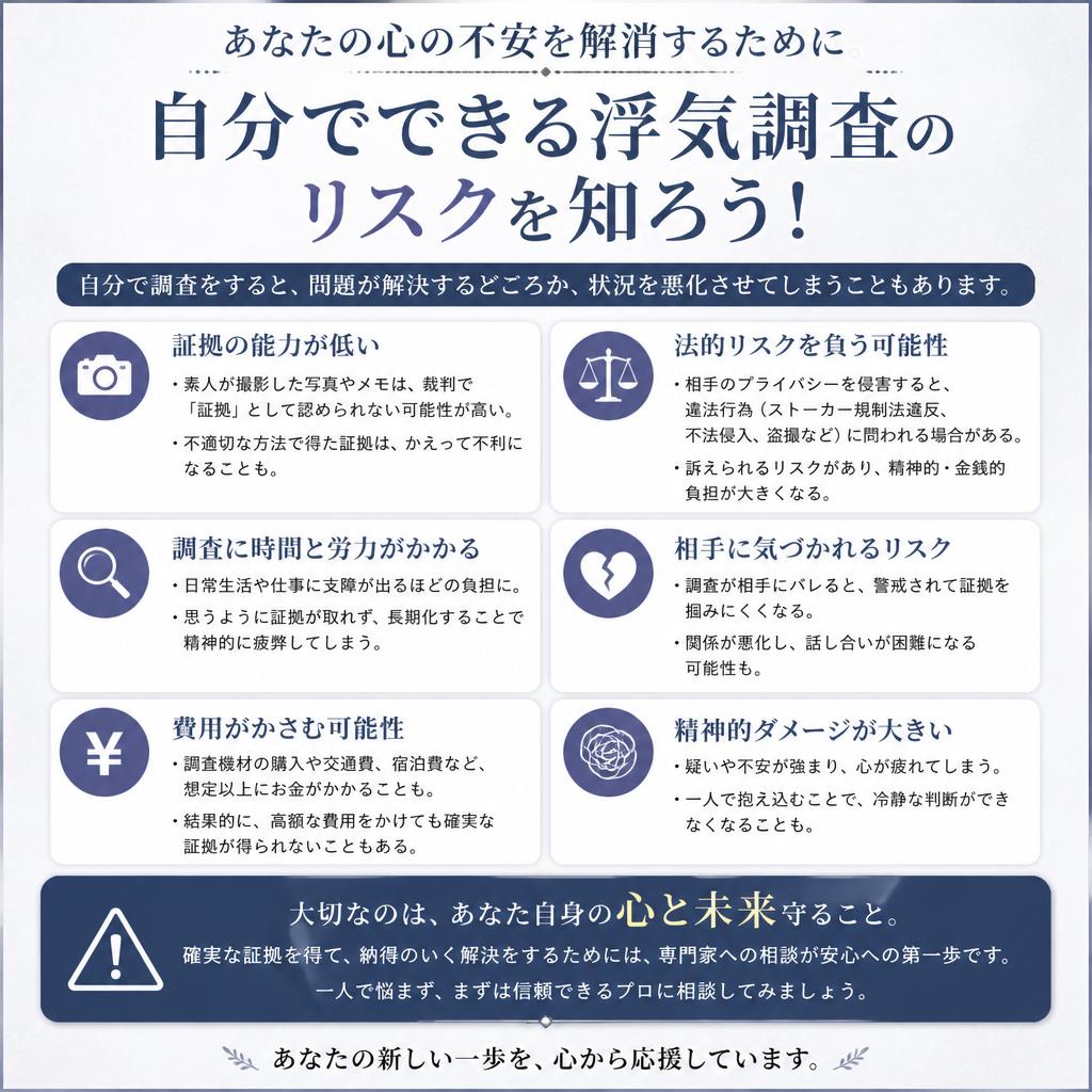 あなたの心の不安を解消するために。自分でできる浮気調査のリスクを知ろう！
